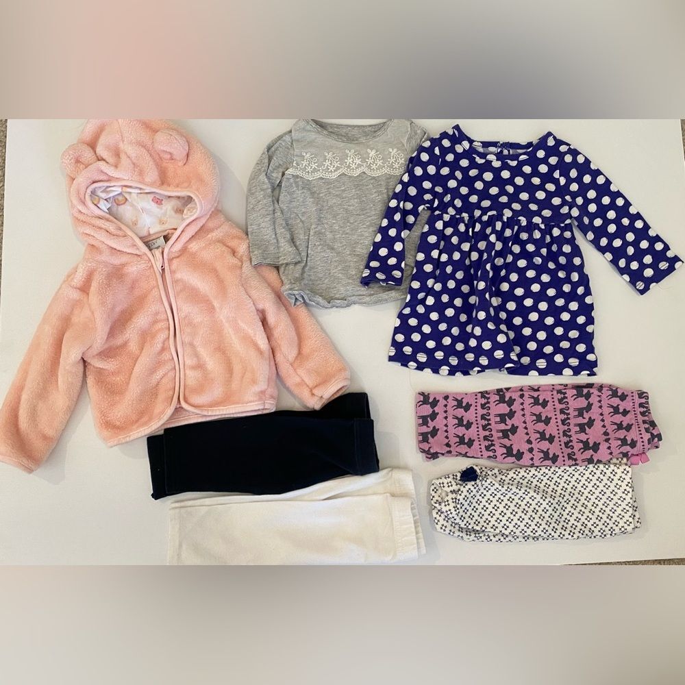 Baby Clothing Bundle Pink Fluffy Jacket, Polka Dot Dress, four leggings 3-6M